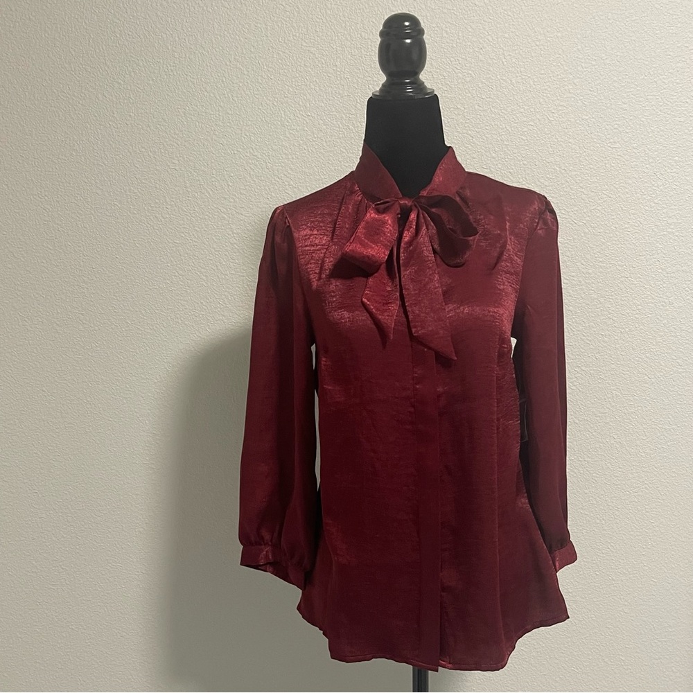 Modcloth Burgundy Satin Bow-Tie Blouse